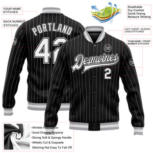 Custom Black White Pinstripe Gray Bomber Full-Snap Varsity Letterman Jacket