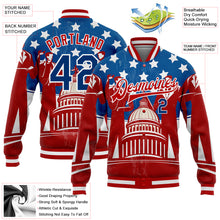 Load image into Gallery viewer, Custom Red US Navy Blue-Royal American Flag Fashion United States Congress Building 3D Pattern Design Bomber Full-Snap Varsity Letterman Jacket
