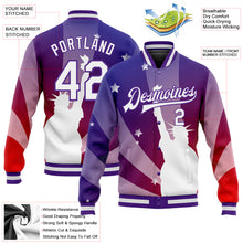 Load image into Gallery viewer, Custom Purple White-Red Statue of Liberty 3D Pattern Design Bomber Full-Snap Varsity Letterman Jacket
