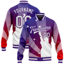 Load image into Gallery viewer, Custom Purple White-Red Statue of Liberty 3D Pattern Design Bomber Full-Snap Varsity Letterman Jacket
