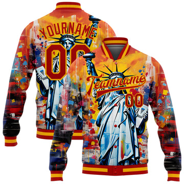 Custom Gold Red Statue of Liberty Independence Day 3D Pattern Design Bomber Full-Snap Varsity Letterman Jacket