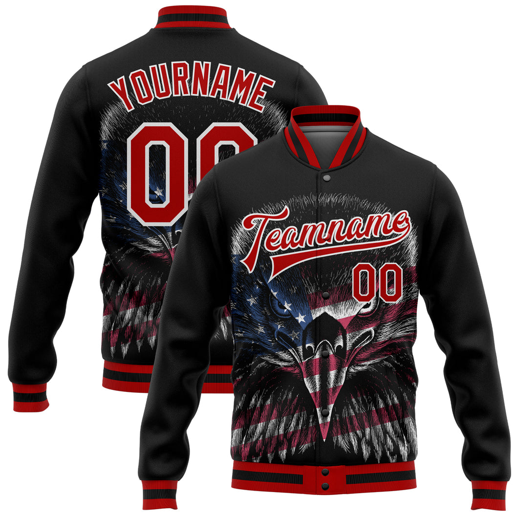 Custom Black Red-White Eagle With American Flag 3D Pattern Design Bomber Full-Snap Varsity Letterman Jacket