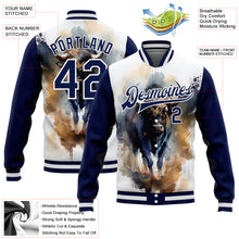 Load image into Gallery viewer, Custom White Navy A Bull With Horns 3D Pattern Design Bomber Full-Snap Varsity Letterman Jacket
