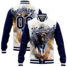 Load image into Gallery viewer, Custom White Navy A Bull With Horns 3D Pattern Design Bomber Full-Snap Varsity Letterman Jacket
