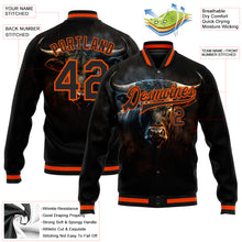 Load image into Gallery viewer, Custom Black Orange Angry Violent Bulls Face 3D Pattern Design Bomber Full-Snap Varsity Letterman Jacket
