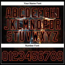 Load image into Gallery viewer, Custom Black Orange Angry Violent Bulls Face 3D Pattern Design Bomber Full-Snap Varsity Letterman Jacket
