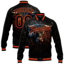 Load image into Gallery viewer, Custom Black Orange Angry Violent Bulls Face 3D Pattern Design Bomber Full-Snap Varsity Letterman Jacket
