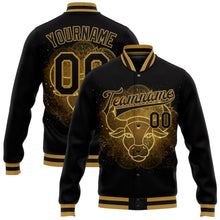 Load image into Gallery viewer, Custom Black Old Gold Taurus 3D Pattern Design Bomber Full-Snap Varsity Letterman Jacket
