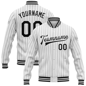 Custom White Black Pinstripe Black Bomber Full-Snap Varsity Letterman Jacket