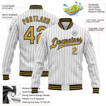 Load image into Gallery viewer, Custom White Black Pinstripe Old Gold Bomber Full-Snap Varsity Letterman Jacket
