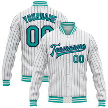 Load image into Gallery viewer, Custom White Navy Pinstripe Aqua Bomber Full-Snap Varsity Letterman Jacket
