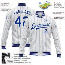 Load image into Gallery viewer, Custom White Royal Pinstripe Royal Bomber Full-Snap Varsity Letterman Jacket
