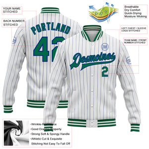 Custom White Royal Pinstripe Kelly Green Bomber Full-Snap Varsity Letterman Jacket