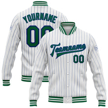 Load image into Gallery viewer, Custom White Royal Pinstripe Kelly Green Bomber Full-Snap Varsity Letterman Jacket
