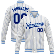 Load image into Gallery viewer, Custom White Royal Pinstripe Light Blue Bomber Full-Snap Varsity Letterman Jacket
