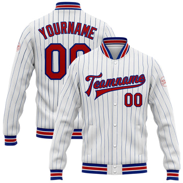 Custom White Royal Pinstripe Red Bomber Full-Snap Varsity Letterman Jacket