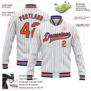 Custom White Royal Pinstripe Orange Bomber Full-Snap Varsity Letterman Jacket