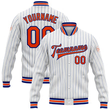 Load image into Gallery viewer, Custom White Royal Pinstripe Orange Bomber Full-Snap Varsity Letterman Jacket
