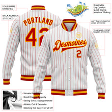 Load image into Gallery viewer, Custom White Red Pinstripe Gold Bomber Full-Snap Varsity Letterman Jacket
