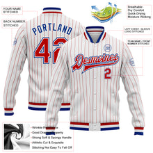 Load image into Gallery viewer, Custom White Red Pinstripe Royal Bomber Full-Snap Varsity Letterman Jacket
