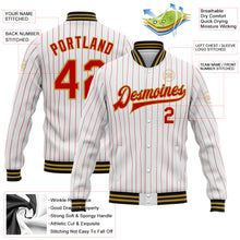 Load image into Gallery viewer, Custom White Red Pinstripe Old Gold-Black Bomber Full-Snap Varsity Letterman Jacket

