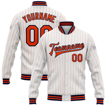 Custom White Orange Pinstripe Navy Bomber Full-Snap Varsity Letterman Jacket