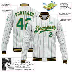 Custom White Kelly Green Pinstripe Old Gold-Black Bomber Full-Snap Varsity Letterman Jacket