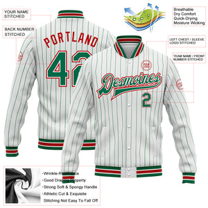 Custom White Kelly Green Pinstripe Red Bomber Full-Snap Varsity Letterman Jacket