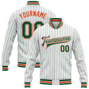 Custom White Kelly Green Pinstripe Orange Bomber Full-Snap Varsity Letterman Jacket