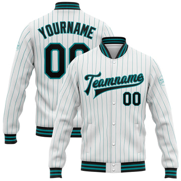 Custom White Teal Pinstripe Black Bomber Full-Snap Varsity Letterman Jacket