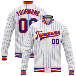 Custom White Purple Pinstripe Orange Bomber Full-Snap Varsity Letterman Jacket