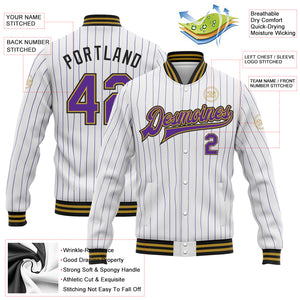 Custom White Purple Pinstripe Old Gold-Black Bomber Full-Snap Varsity Letterman Jacket