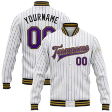 Load image into Gallery viewer, Custom White Purple Pinstripe Old Gold-Black Bomber Full-Snap Varsity Letterman Jacket
