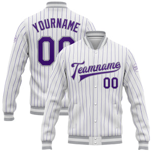 Custom White Purple Pinstripe Gray Bomber Full-Snap Varsity Letterman Jacket