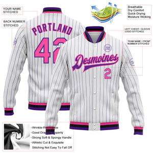 Custom White Purple Pinstripe Pink-Black Bomber Full-Snap Varsity Letterman Jacket