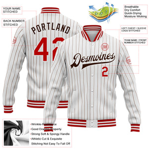 Custom White Brown Pinstripe Red Bomber Full-Snap Varsity Letterman Jacket