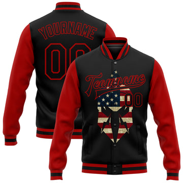 Custom Black Red Spartan Logo With Vintage USA Flag 3D Pattern Design Bomber Full-Snap Varsity Letterman Two Tone Jacket