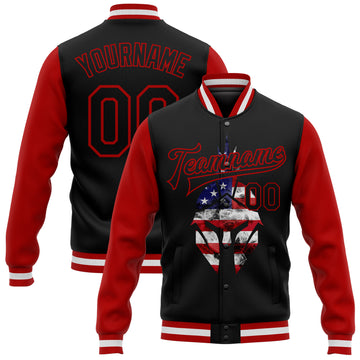 Custom Black Red Spartan Logo With USA Flag 3D Pattern Design Bomber Full-Snap Varsity Letterman Two Tone Jacket