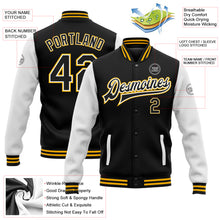 Load image into Gallery viewer, Custom Black White-Gold Bomber Full-Snap Varsity Letterman Two Tone Jacket
