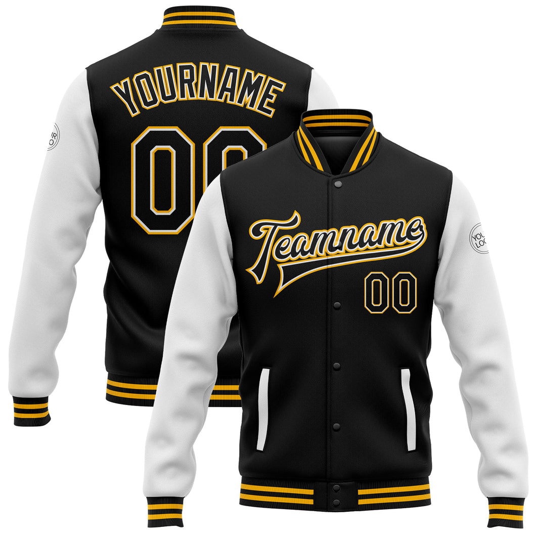 Custom Black White-Gold Bomber Full-Snap Varsity Letterman Two Tone Jacket