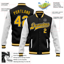 Load image into Gallery viewer, Custom Black Gold-White Bomber Full-Snap Varsity Letterman Two Tone Jacket
