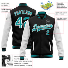 Load image into Gallery viewer, Custom Black Teal-White Bomber Full-Snap Varsity Letterman Two Tone Jacket
