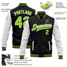 Load image into Gallery viewer, Custom Black Neon Green-White Bomber Full-Snap Varsity Letterman Two Tone Jacket
