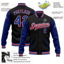 Load image into Gallery viewer, Custom Black Royal-Red Bomber Full-Snap Varsity Letterman Two Tone Jacket
