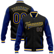 Load image into Gallery viewer, Custom Black Royal-Yellow Bomber Full-Snap Varsity Letterman Two Tone Jacket
