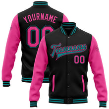 Load image into Gallery viewer, Custom Black Pink-Teal Bomber Full-Snap Varsity Letterman Two Tone Jacket
