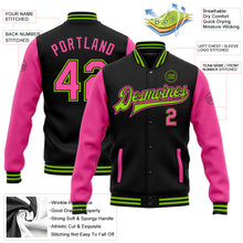 Load image into Gallery viewer, Custom Black Pink-Neon Green Bomber Full-Snap Varsity Letterman Two Tone Jacket
