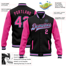 Load image into Gallery viewer, Custom Black Pink-Light Blue Bomber Full-Snap Varsity Letterman Two Tone Jacket
