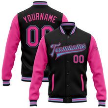 Load image into Gallery viewer, Custom Black Pink-Light Blue Bomber Full-Snap Varsity Letterman Two Tone Jacket
