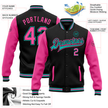Load image into Gallery viewer, Custom Black Pink-Aqua Bomber Full-Snap Varsity Letterman Two Tone Jacket
